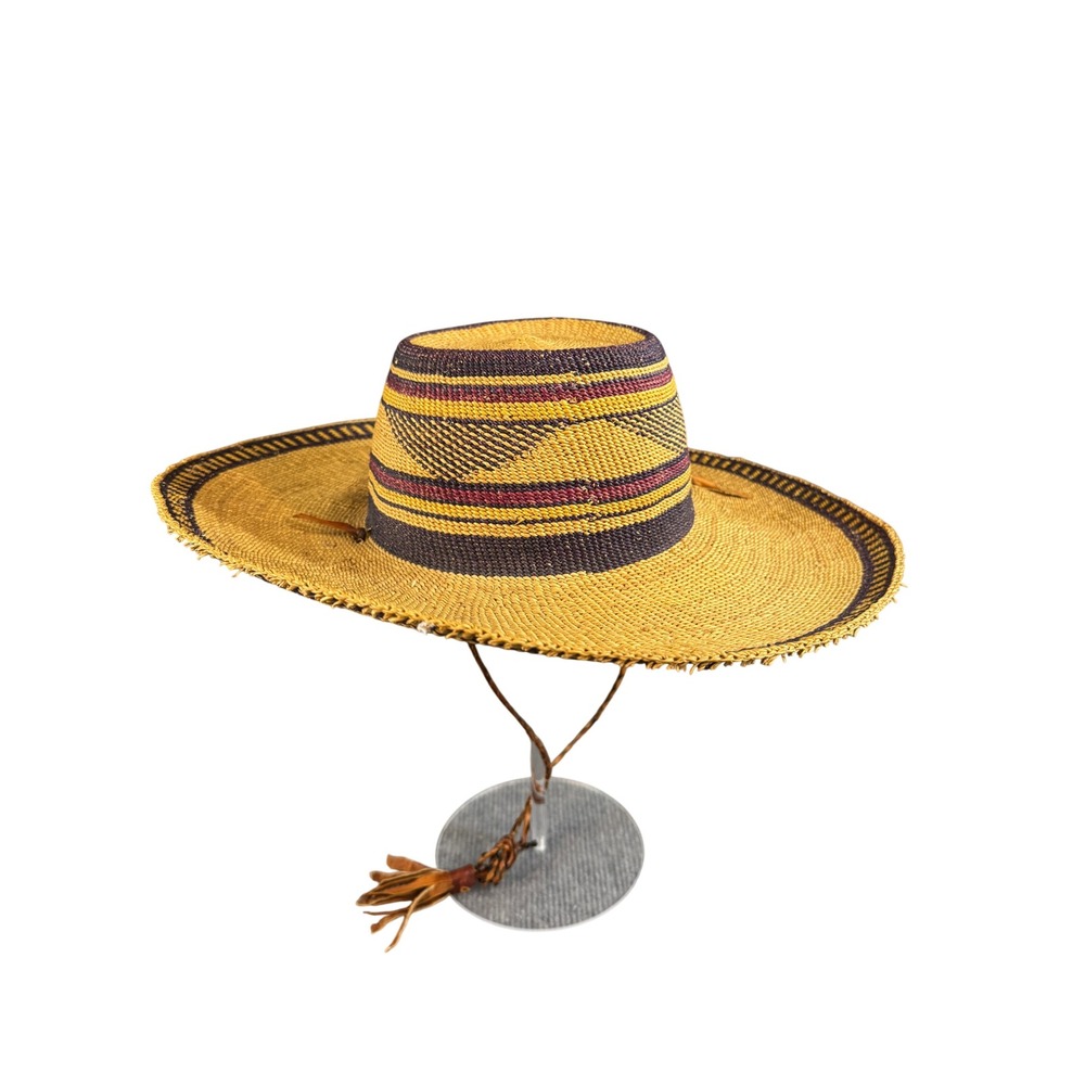 Handwoven Straw Sun Hat Wide Brim Geometric Pattern Leather Chin Strap Tassel